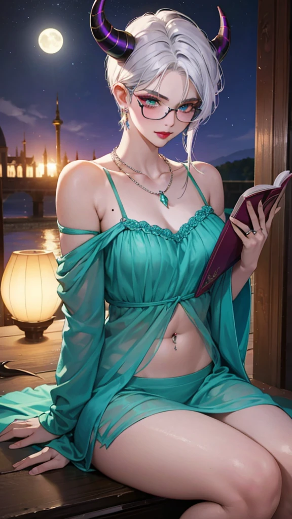 8k, masterpiece, best quality, highly detailed, 1 girl, tiefling, warlock, multicolored hair, very short straight hair green highlight hair on white hair, strippled hair, wearing glasses, round glasses, earrings, navel piercing, night gown, red eyeshadow, long eyelashes, blushed cheek, red lips, necklace, rings, collarbone, mole, glamorous, teal clothing, purple clothes, smirk, close up view, rings, looking at viewer, demon horns, solo, nightmarish landscape, blue pale moon, sitting, holding devil books
