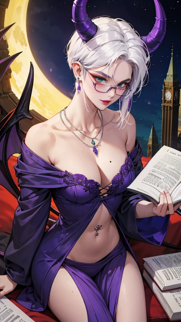 8k, masterpiece, best quality, highly detailed, 1 girl, tiefling, warlock, multicolored hair, very short straight hair green highlight hair on white hair, strippled hair, wearing glasses, round glasses, earrings, navel piercing, night gown, red eyeshadow, long eyelashes, blushed cheek, red lips, necklace, rings, collarbone, mole, glamorous, teal clothing, purple clothes, smirk, close up view, rings, looking at viewer, demon horns, solo, nightmarish landscape, blue pale moon, sitting, holding devil books