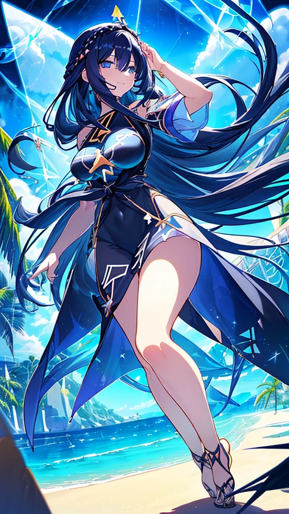 best quality, extremely detailed,anime style girl,long hair down to the waist, straight hair, ((dark black hair with bluish)),((crown braid)),beautiful detailed eyes, pinched eyes, (dark blue eyes),huge breasts,curvy,((((Mystical atmosphere  transparency dressswimwear)))),clothing with complex patterns,smile,((((casual beach)))),Sunlight,((((Diagonal angle)))),dynamic angle,((active pose))