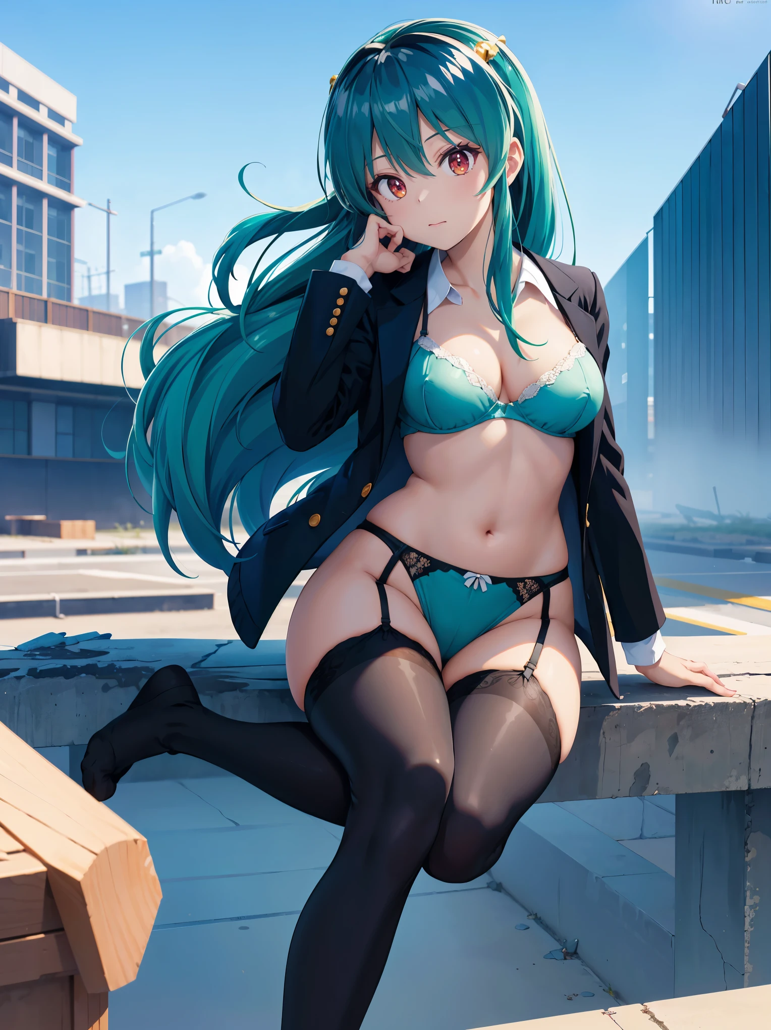 (1 Girl),(high quality), (High resolution), (Very detailed), (8k),(Demolition paperback correct)、Urusei Yatsura、Ram-chan、((Sexy Lingerie))、Wearing a blazer、((Focus on the whole body))、Nipple Shape、((Black knee-high stockings))、Hair messed up by the strong wind、Neutral White Lighting,Sexy pose、