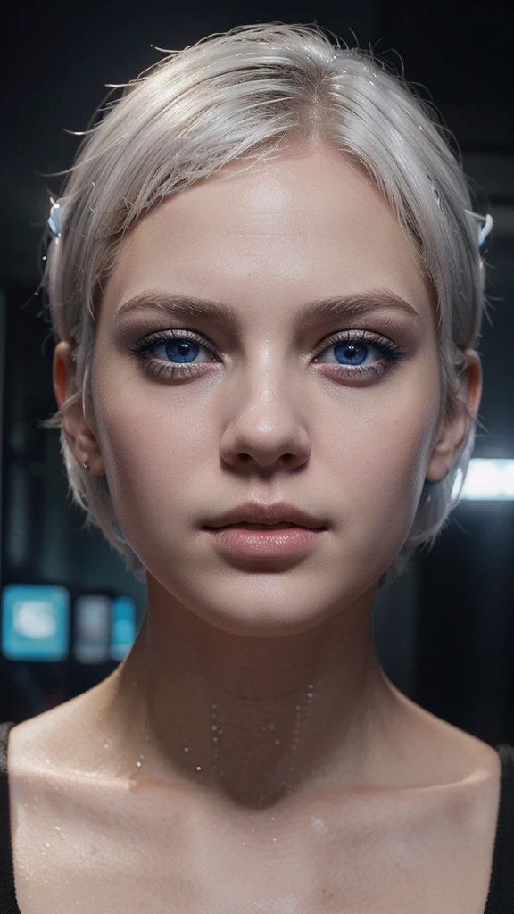 Young girl, white short hair, blue eyes, full lips, highly realistic, Excellent rendering, 4k realistic eyes, realistic face, symmetrical head ai cyberpunk
