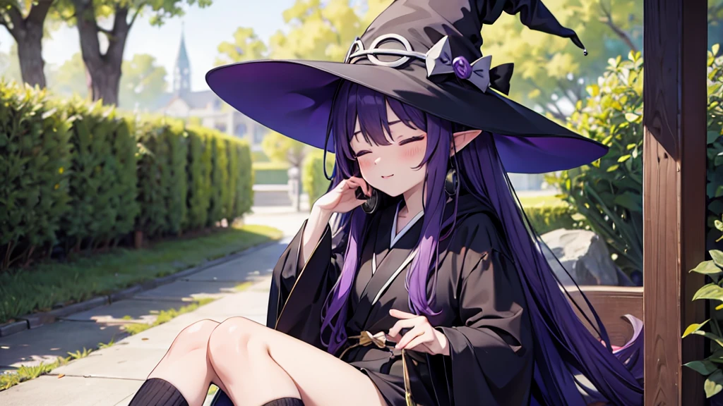 1 person. Anime girl with long purple hair and black robe. Pointy ears. Cute as in manga. Sitting with eyes closed. Headphones. Witch hat on the ground.