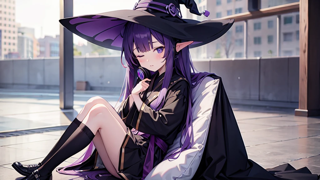 1 person. Anime girl with long purple hair and black robe. Pointy ears. Cute as in manga. Sitting with eyes closed. Headphones. Witch hat on the ground.