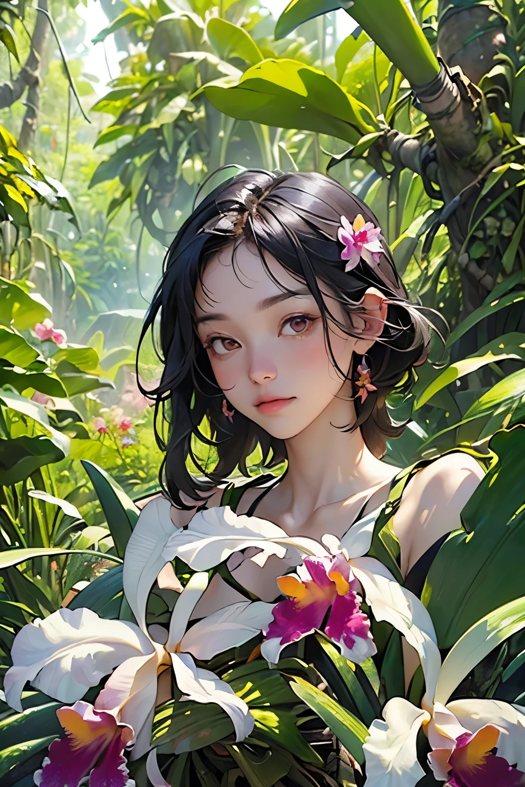 (A jungle filled with blooming Cattleya flowers、 full bloom, nature, Habitat:1.4 )、Jungle Waterside、open air, Ray Tracing、Bright sunlight、rich vegetation、((Artwork, Highest quality, High resolution)),