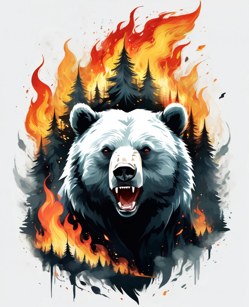 T-shirt design, t-shirt with a breathtaking digital illustration captures the mesmerizing moment when a bear merges perfectly with the enchanting forest full of flames and smoke. The bear's piercing eyes emit an intense, almost otherworldly, angry glow, while its mane blends harmoniously with the koumae. The white background, a striking contrast between the mixture of the furious bear and the flames that consume the forest. The surreal and mystical atmosphere evoked by this captivating scene blurs the line between reality and fantasy, leaving the viewer in awe of the bear's mesmerizing metamorphosis.