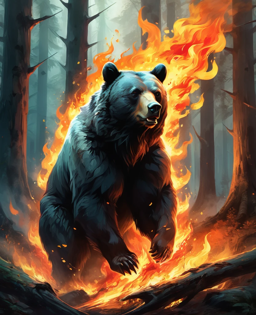 T-shirt design, t-shirt with a breathtaking digital illustration captures the mesmerizing moment when a bear merges perfectly with the enchanting forest full of flames and smoke. The bear's piercing eyes emit an intense, almost otherworldly, angry glow, while its mane blends harmoniously with the koumae. The white background, a striking contrast between the mixture of the furious bear and the flames that consume the forest. The surreal and mystical atmosphere evoked by this captivating scene blurs the line between reality and fantasy, leaving the viewer in awe of the bear's mesmerizing metamorphosis.