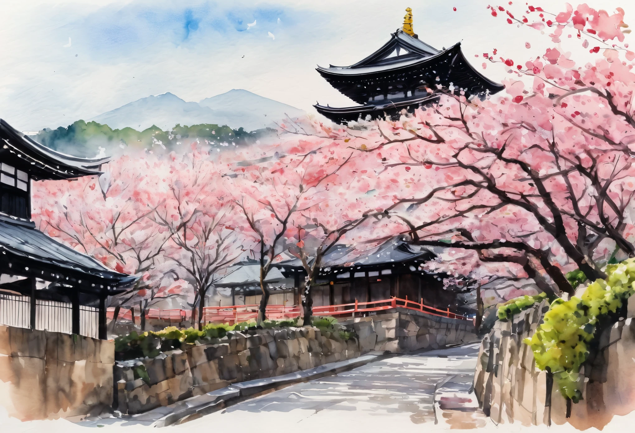 (Cherry blossom And Street:1.5), (ink and watercolor painting:1.5), (Tasteful:1.5), (ink and watercolor painting:1.5), (full color:1.5), 8k, 4k, (landscapes:1.5),(cherry blossom trees:1.5),(wind:1.5),(flying cherry blossom petals:1.5),(kyoto:1.5),(pink theme:1.5),kiyomizu temple in background 
