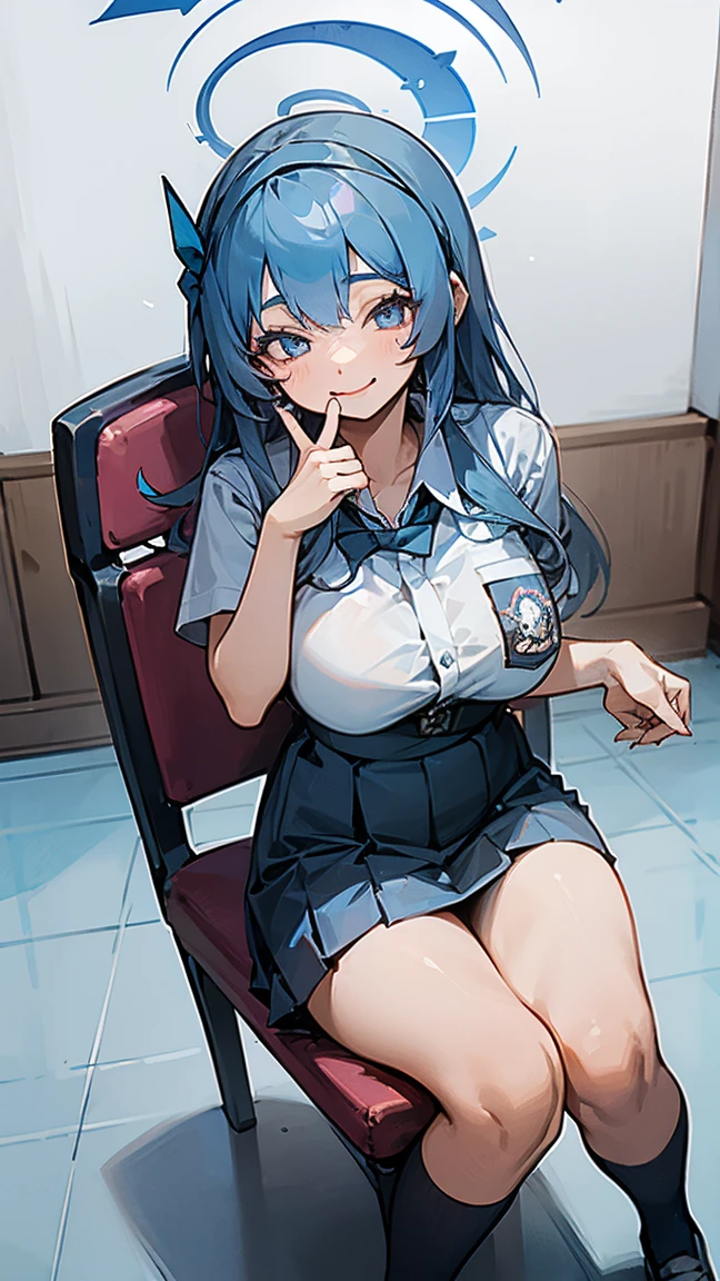 1 woman, , (long hair, hairband, blue hair), scared face expression, plump body, blue eyes, Indonesian high-school uniform, (smile:1.4), osis logo on shirt pocket, huge XL breasts, light-grey pleated skirt, sitting on a chair, seductive pose, full body shot, smiling, in the classroom, smile. ako_bluearchive, mask_pull