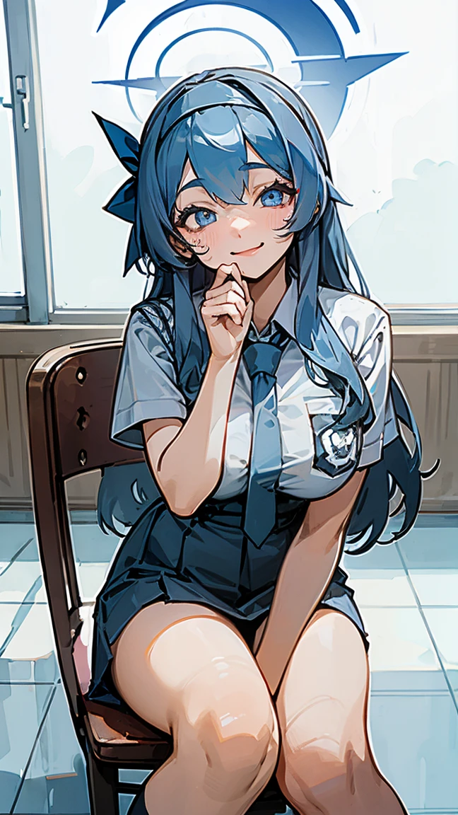 1 woman, 17 years old, (long hair, hairband, blue hair), scared face expression, plump body, blue eyes, Indonesian high-school uniform, (smile:1.4), osis logo on shirt pocket, huge XL breasts, light-grey pleated skirt, sitting on a chair, seductive pose, full body shot, smiling, in the classroom, smile. ako_bluearchive, mask_pull