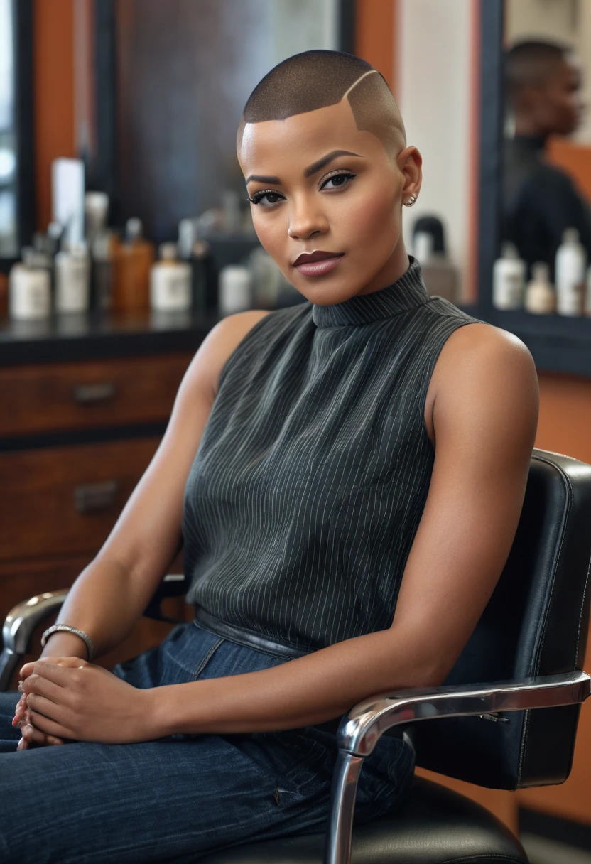 a stunning African american, 30 year old woman with a super short buzzcut with a medium fade undercut and a side shave sitting in a barberchair, photorealistic, hyperrealistic, 8k, uhd, high detail, masterpiece, film grain