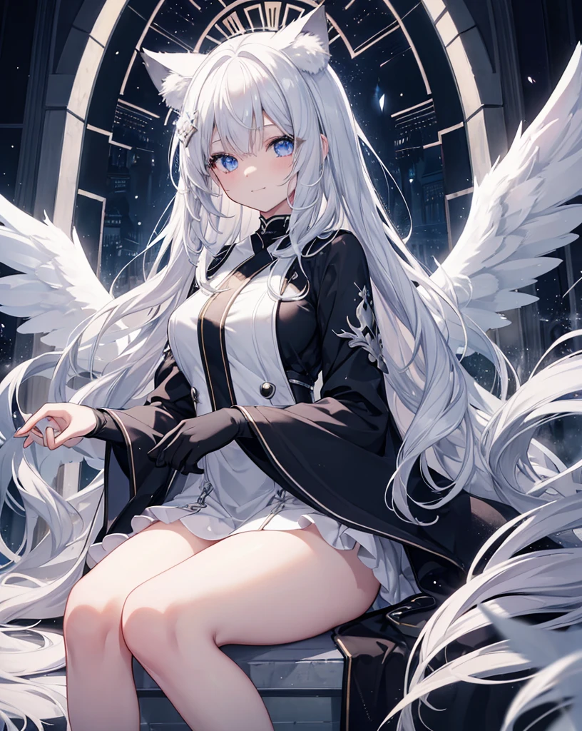 Very long hair、Silver Hair、Detailed sparkly eyes、Blue eyes、Three pairs of angel wings、Embarrassing、Nervous smile、shine、reflected light、ultra clear digital painting、 anime masterpiece、Textured Skin、Super Detail、High Detail、high quality、最high quality、High Resolution、16K、shine、Monastic Clothes、Nuns、church、Stained glass. ((neko ears)), ((silver fox tail)), she's playing the piano while lots of white and black feather are falling from the sky. HDR, lots of light effects and lightflare. she's skinny with medium breasts.