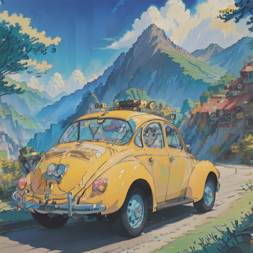 yellow car with luggage on top driving down a road in front of a mountain, anime art vehicle concept art, beetle, ghibli vibe, official art, wallpaper!, rob rey and kentarõ miura style, traveling through the mountains, rob rey and kentaro miura style, in style of ghibli, vehicle illustration, ghibli studio anime style, akira and bumblebee