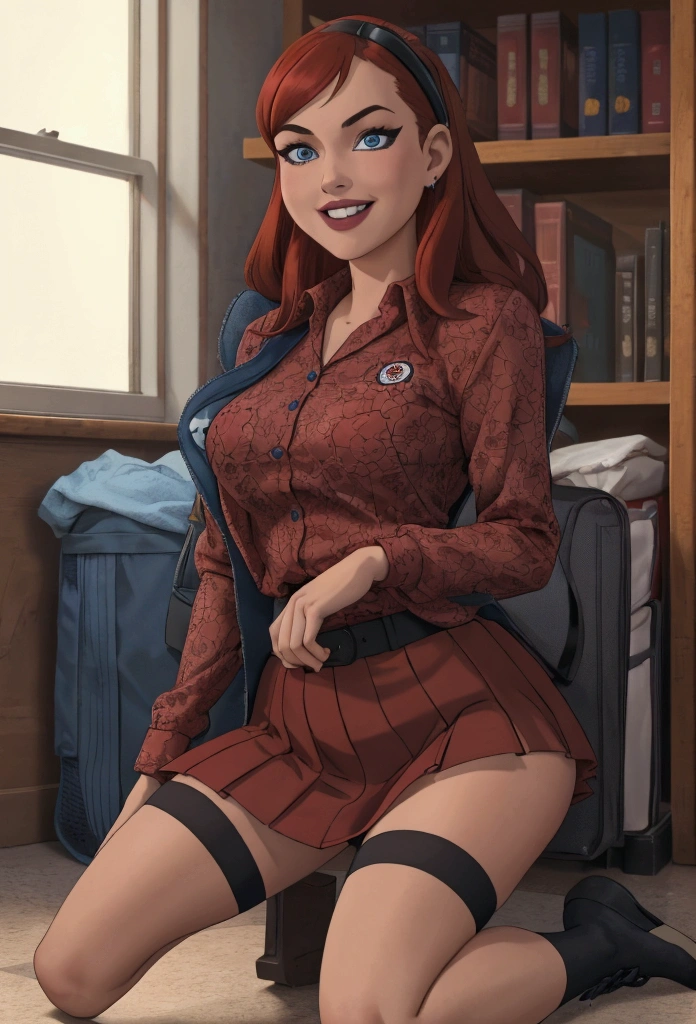 Girl  in red hair and blue eyes, sitting on the floor, on her knees, realistic , hyperrealistic , a hyperrealistic , school girl, cute , beautiful  high school girl, commission for high res, thighhighs and skirt, teasing smile, wearing skirt,  school girl,Barbara Gordon 