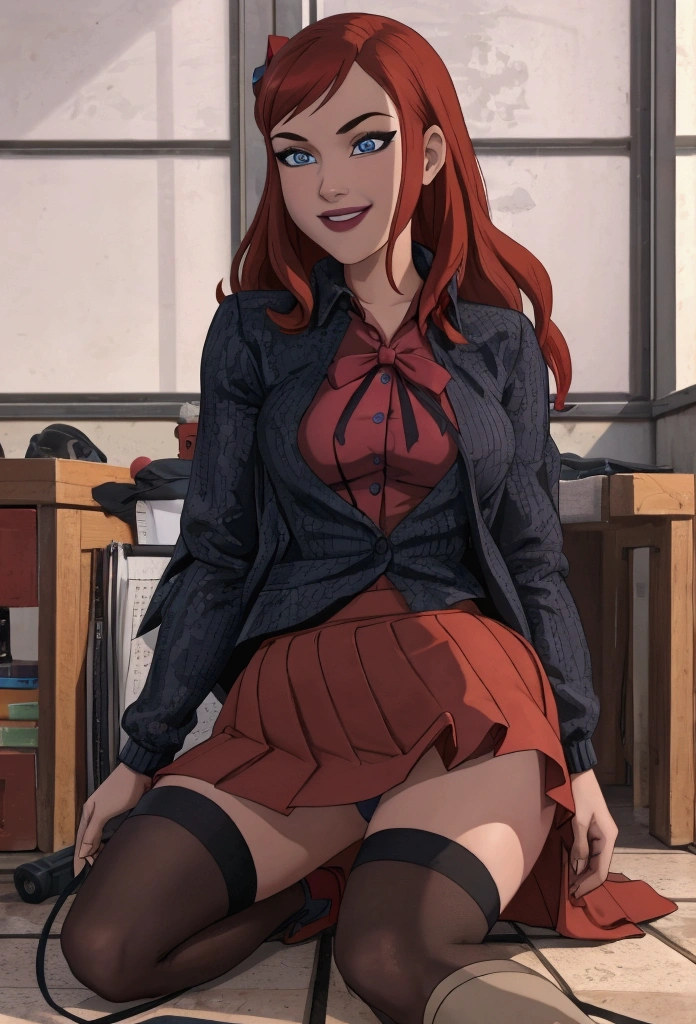 Girl  in red hair and blue eyes, sitting on the floor, on her knees, realistic , hyperrealistic , a hyperrealistic , school girl, cute , beautiful  high school girl, commission for high res, thighhighs and skirt, teasing smile, wearing skirt,  school girl,Barbara Gordon 