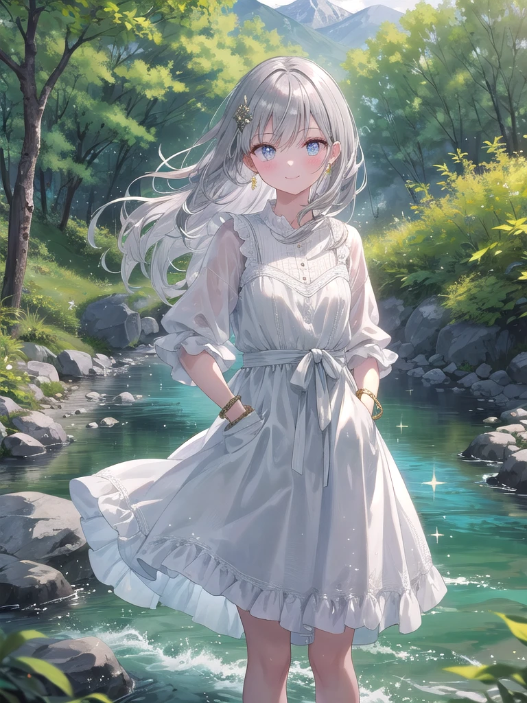 ((8k, best quality, master piece: 1.3)),super high resolution,(1 girl, solo), (colorshift eyes, hyperdetailed, expressive sparkling, glitter, glowing eyes), ultra detailed eyes, ultra-detailed face, random hair, ((silver gray color)), A silver-haired woman is wearing a light floral summer dress and leather sandals in the middle of a lush mountain. A clear river flows in the background, and the trees in the mountains show off their beautiful green color. She has her hands in the pockets of her dress, relaxing in nature. The dress is made of light cotton, and as it sways in the wind, it creates a soft silhouette. Gold bracelets sparkle on her wrists, shining softly in the natural light. She smiles as she looks out at the river, squinting her eyes in comfort.