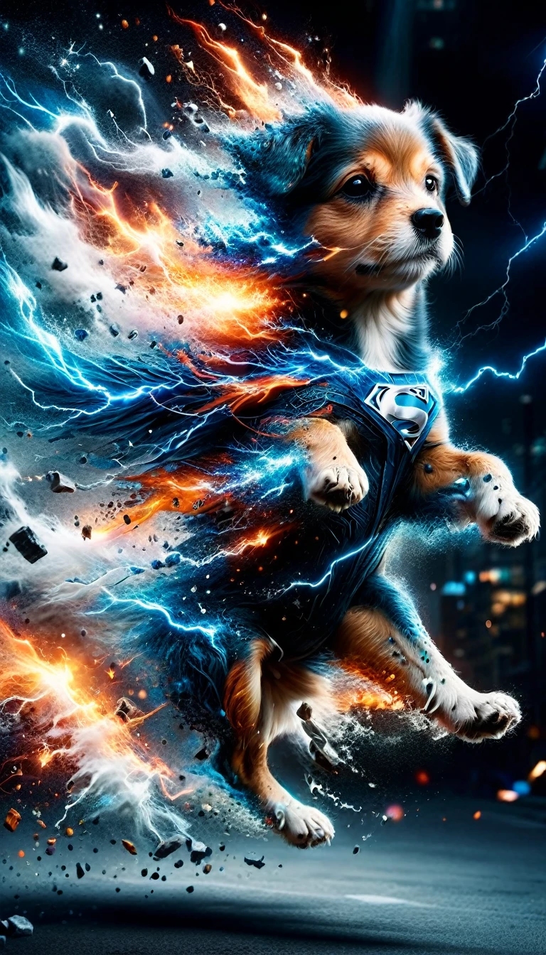A flying puppy superhero, strange powers, powerful superhero suit, dynamic model pose, full body shot, lightnings, sparkles, fire,  digital art, 8k, hyperrealistic, high contrast, dramatic lighting, vibrant colors, cinematic composition, volumetric lighting, photorealistic, intricate details, chiaroscuro, moody atmosphere, cinematic angle, dramatic shadows, immersive background city from sky