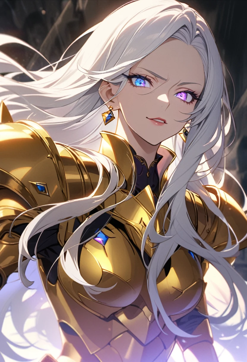 woman, blue eyes, long hair, white hair, mature, god eyes, diamond earings, glowing right eyes, two colors eyes, purple eyes, golden armor, cool face