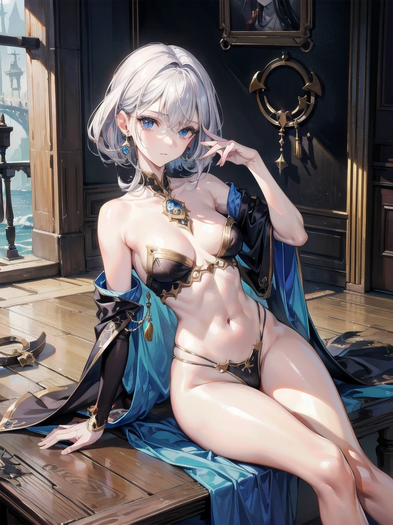 absurdres, RAW photo, extremely delicate and beautiful, masterpiece, Best Quality, ultra high resolution, 32k, hyperrealistic, ultra-detailed, perfect anatomy, anatomically correct, perfect figure, Perfect Style, Perfect balance, super Detailed skin, in her 30s, very Slim body, narrow waist, very small head, very small face, delicate facial features, handsome detailed woman, very detailed eyes and face, realistic face proportions, Realistic beautiful face, Realistic beautiful eyes, tearful mole, earring, full body shot, bare legs, medium hair, indoor, (Legendary Pirate costume:1.2),