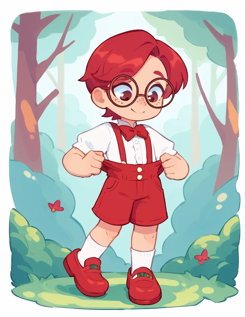 solo, The Q version of the cute human, male, falu red hair, freckles, short hair, round eyeglasses, big eyeglasses, human ears, looking down, undressing, pulling down his pants, bare feet, shoes scattered in the ground, body being partially exposed,, smiling, eyes looking down, happy, smile, cute, magic forest background, nature, sunlight, full body, red bowtie, preppy uniform, short pants, long white socks, old shoes, paperboy outfit, victorian outfit, suspenders, shorstack, chubby,