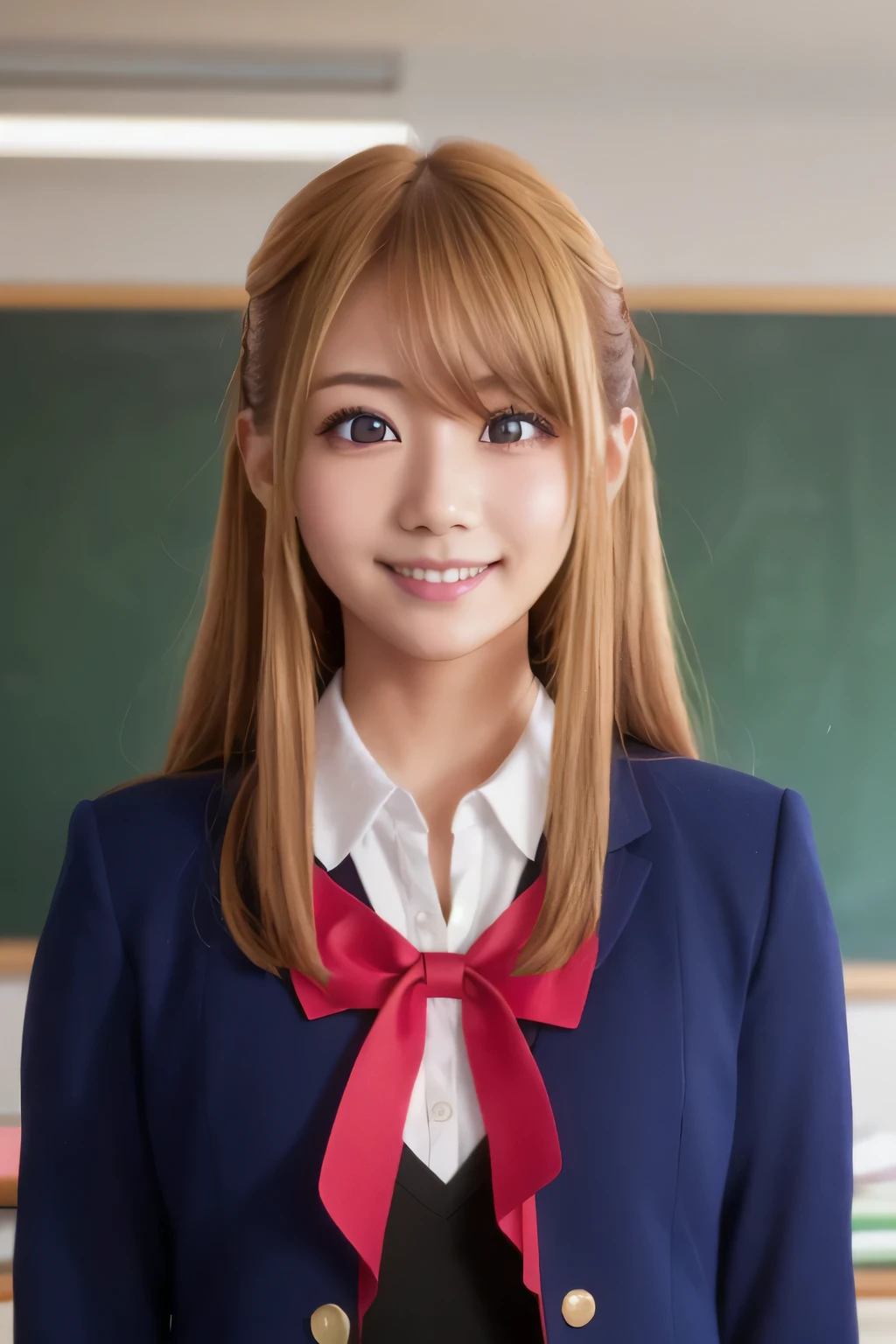 masterpiece, 8k wallpaper, Highest quality, One girl,Blonde,Blonde Hair,Pink Eyes,Hoshino Ruby,ruby hoshino, smile, blush,uniform,Long sleeve navy blue blazer,Red ribbon, White shirt,whole body,classroom