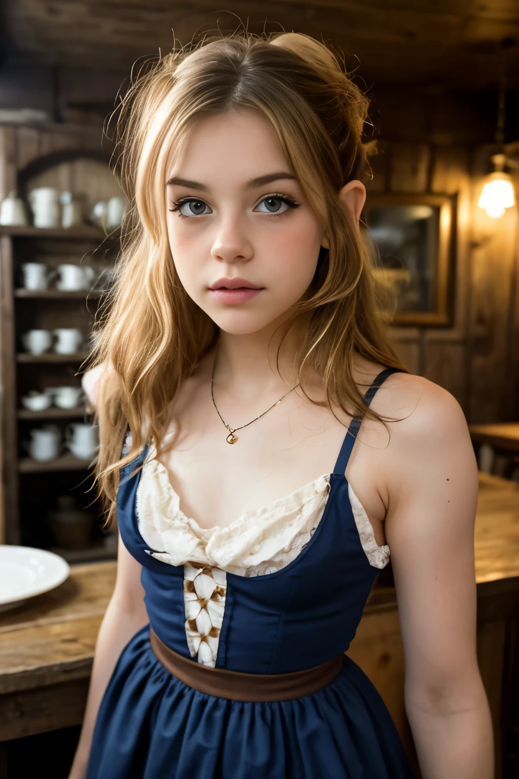 (Cute tween halfling hobbit), close up, bust focus, natural light, tomboy, skinny, thin, slim, lean, slender, nubile, posing for picture, blonde hair, blueeyes, warm lighting, thinner, perfect lips, fat lower lip, young, youthful, teen, teenager, in a wooden fantasy tavern, dirty brown tavern wench dress, pointed ears