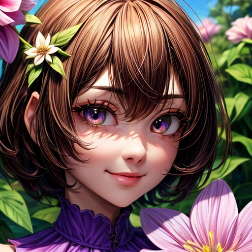 1girl, mature female, adult women, standing in a gigantic flower garden, oversized objects, gigantic flowers, oversized flowers, {{{dark brown hair}}}, {{{Golden eyes}}}, {{purple dress}} purple clothes, small smile, {best quality}, {highres masterpiece.}, 16k {{{medium close up}}}, {facing viewer}