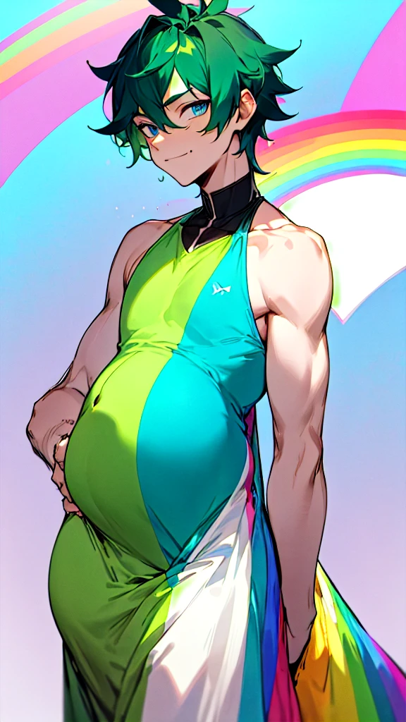 Pregnant trans man, dark green hair, blue eyes, rainbow dress