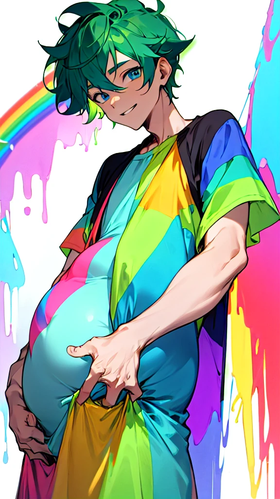 Pregnant trans man, dark green hair, blue eyes, rainbow dress