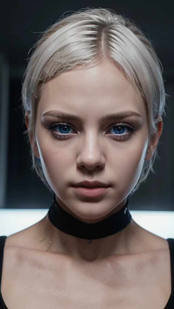Young girl, white short hair, blue eyes, full lips, highly realistic, Excellent rendering, 4k realistic eyes, realistic face, symmetrical head ai cyberpunk