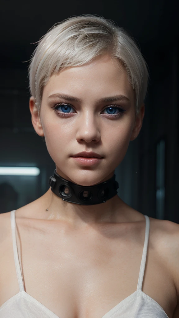 Young girl, white short hair, blue eyes, full lips, highly realistic, Excellent rendering, 4k realistic eyes, realistic face, symmetrical head ai cyberpunk