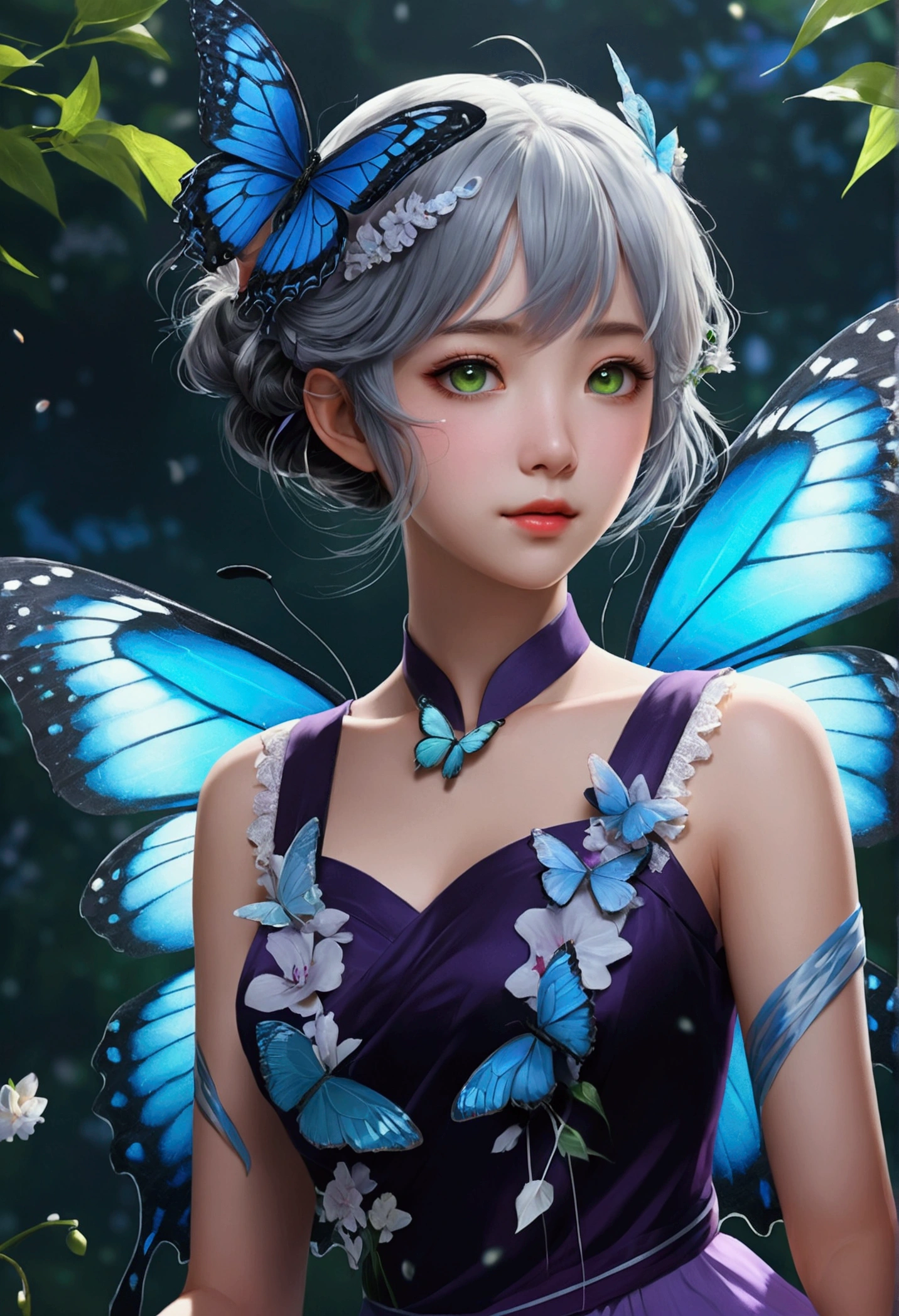 ((masterpiece)), (((Highest quality))), ((Very detailed)), colorful, High resolution, One girl, alone, Upper Body, Grey Hair,Green Eye, Luo Tianyi (Midsummer),Midsummer, Black and purple dress, (Blue Butterfly), White butterfly wings
