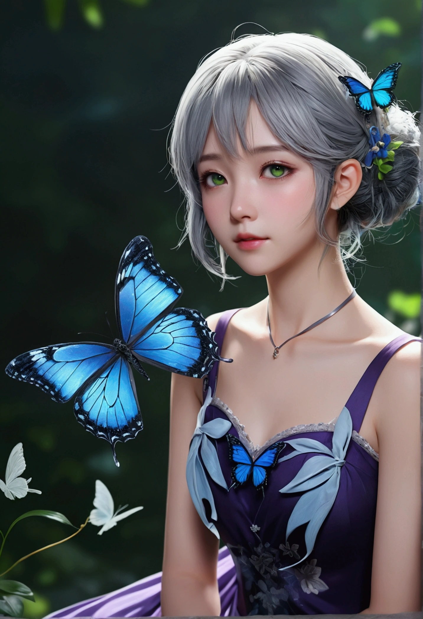 ((masterpiece)), (((Highest quality))), ((Very detailed)), colorful, High resolution, One girl, alone, Upper Body, Grey Hair,Green Eye, Luo Tianyi (Midsummer),Midsummer, Black and purple dress, (Blue Butterfly), White butterfly wings