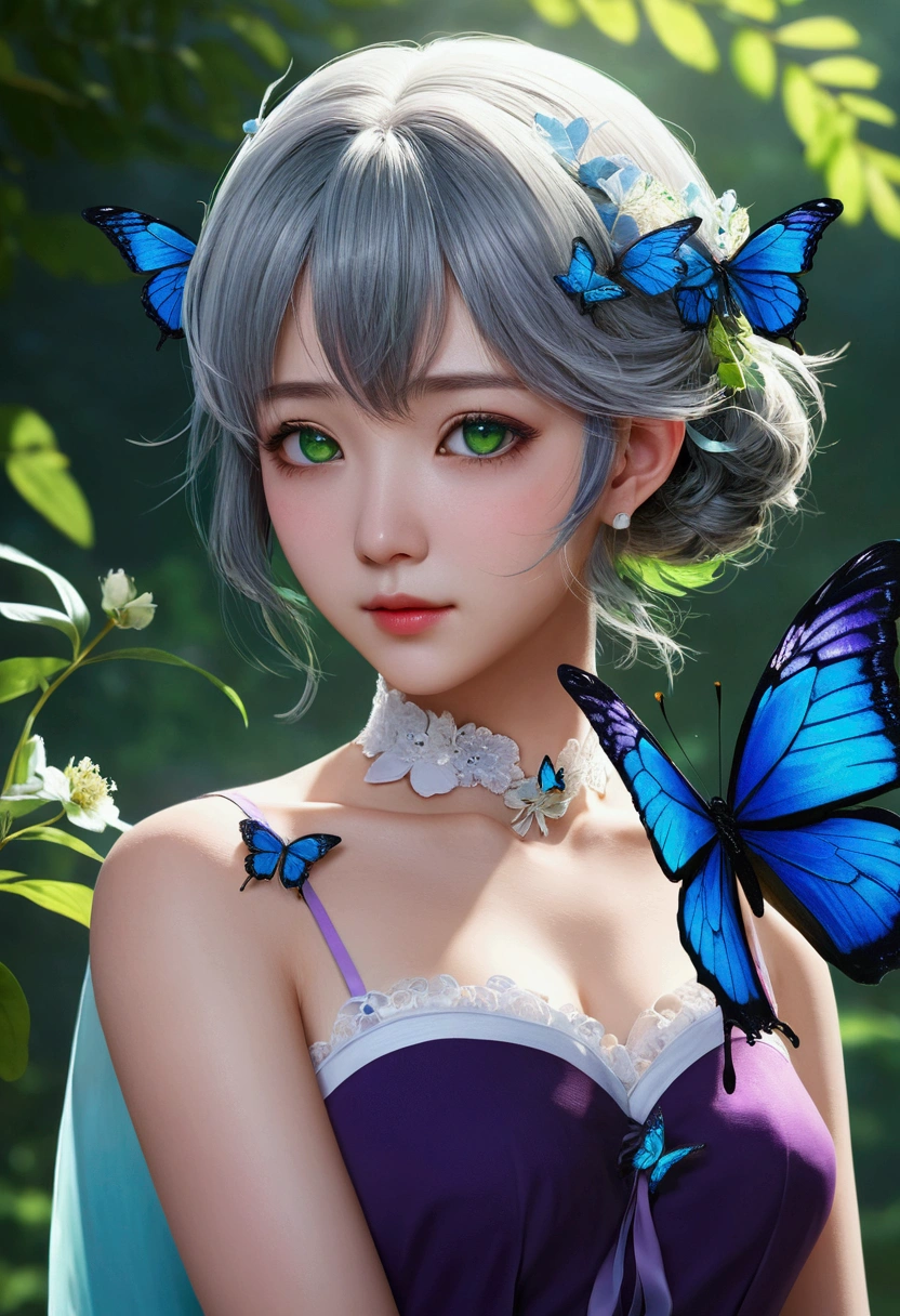 ((masterpiece)), (((Highest quality))), ((Very detailed)), colorful, High resolution, One girl, alone, Upper Body, Grey Hair,Green Eye, Luo Tianyi (Midsummer),Midsummer, Black and purple dress, (Blue Butterfly), White butterfly wings