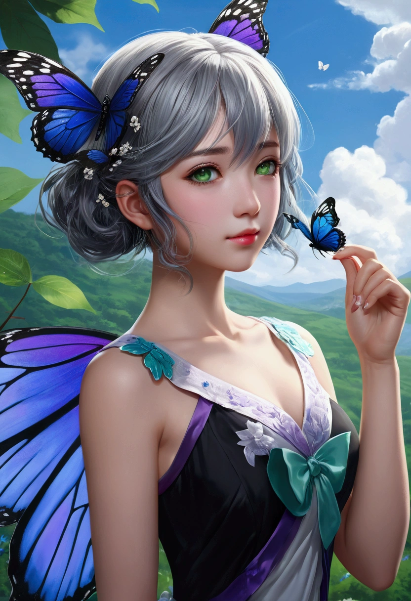 ((masterpiece)), (((Highest quality))), ((Very detailed)), colorful, High resolution, One girl, alone, Upper Body, Grey Hair,Green Eye, Luo Tianyi (Midsummer),Midsummer, Black and purple dress, (Blue Butterfly), White butterfly wings
