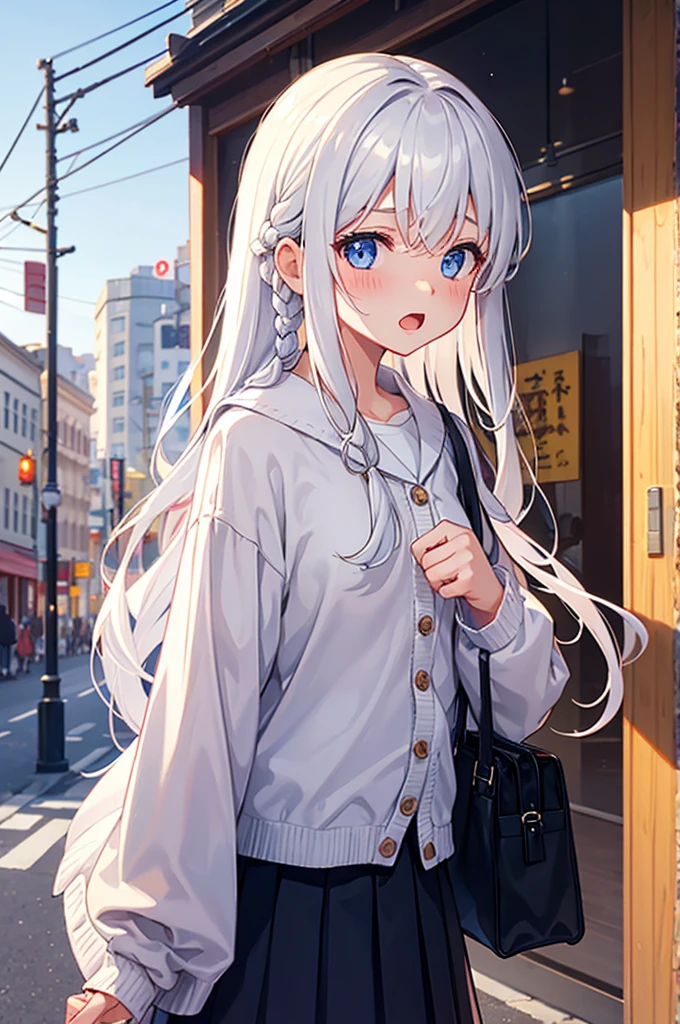 girl,Bow,Long hair,shirt,braid,Blush,outdoor,有领shirt,Bag,solo,白shirt,: or,Bangs,粉色Bow,White hair,Upper Body,Vague的背景,红色Bow,Blue Eyes,书Bag,Vague,Uniforms,Long sleeve,Road night,street,lamp post,clavicle,Wavy hair open mouth,architecture,Cardigan,Depth of Field,礼服shirt,双braid,单braid