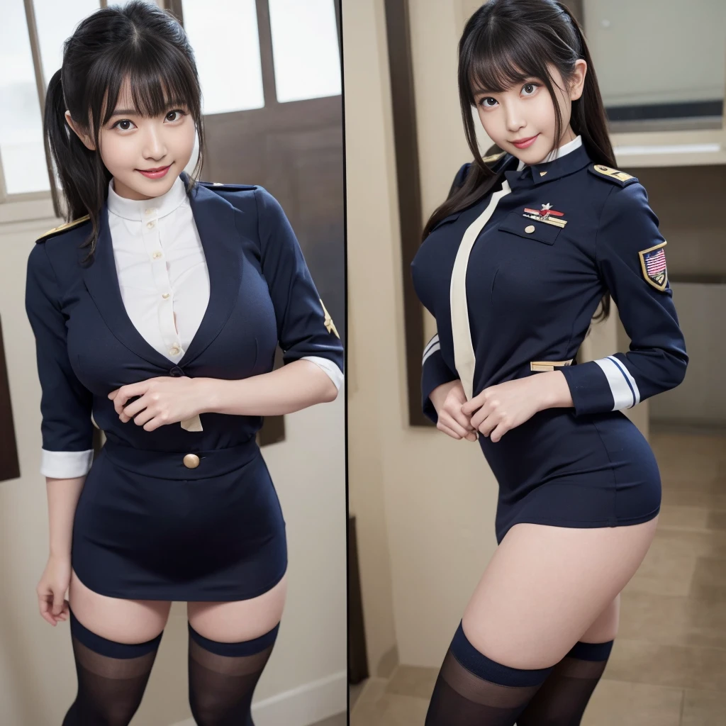 (uniform、soldier、Navy uniform、Micro Mini Skirt、is、Black Hair、Big Ass、Black knee-high socks、operator、Inside the battleship、Panty Shot)、Extremely sexy、Glamorous Body、Smile、Professional Lighting、Beautiful adult woman、Captivating thighs、Very large breasts、Cleavage、Are standing、