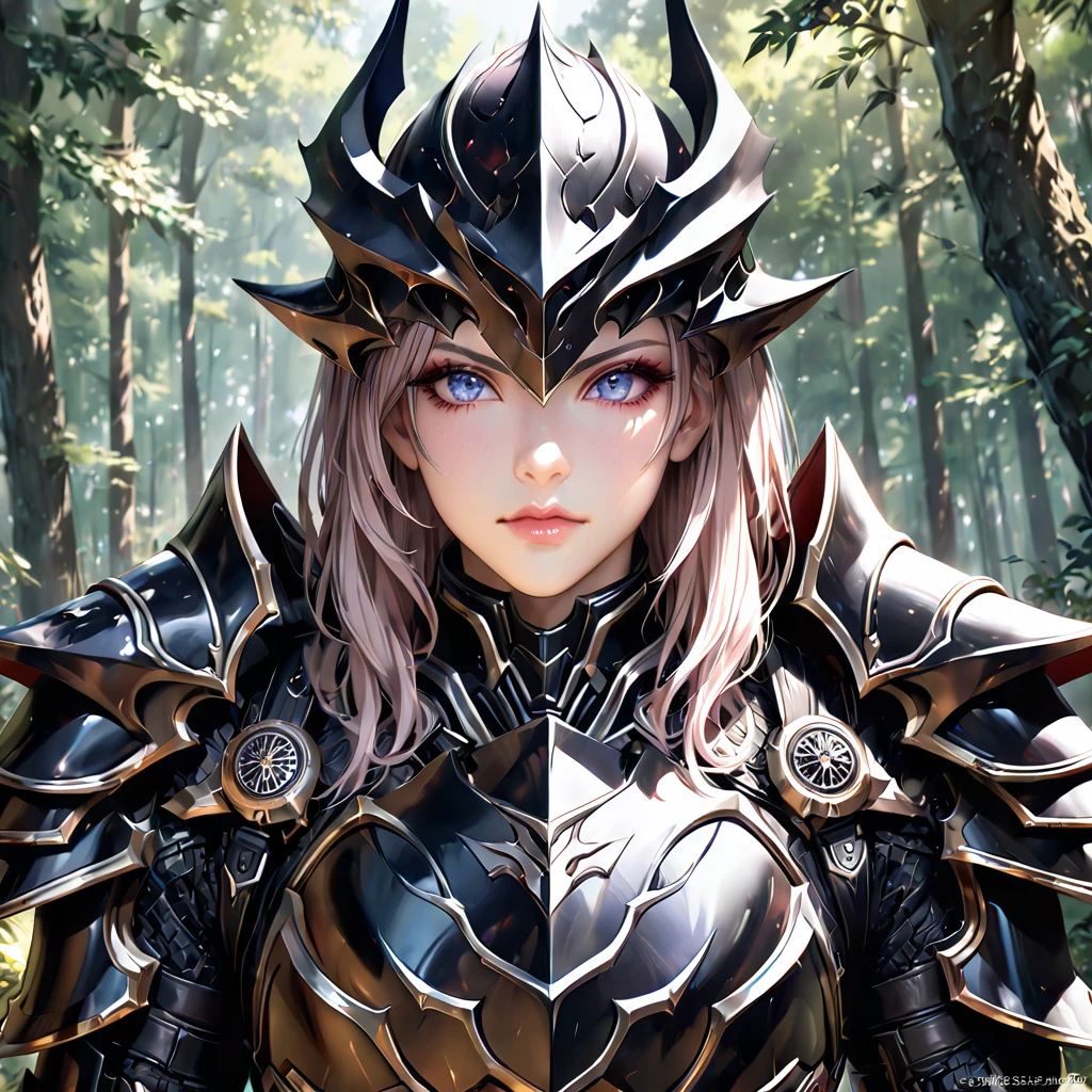 a sserafimsakura, Perfect Eyes, (Ultra-realistic:1.5), (Standing in the forest:1.2), (Close-up photo:1.5), (Black Paladin Armor:1.2), (Complex:1.2), (looking at the camera:1.2), (Highest quality:1.2), 