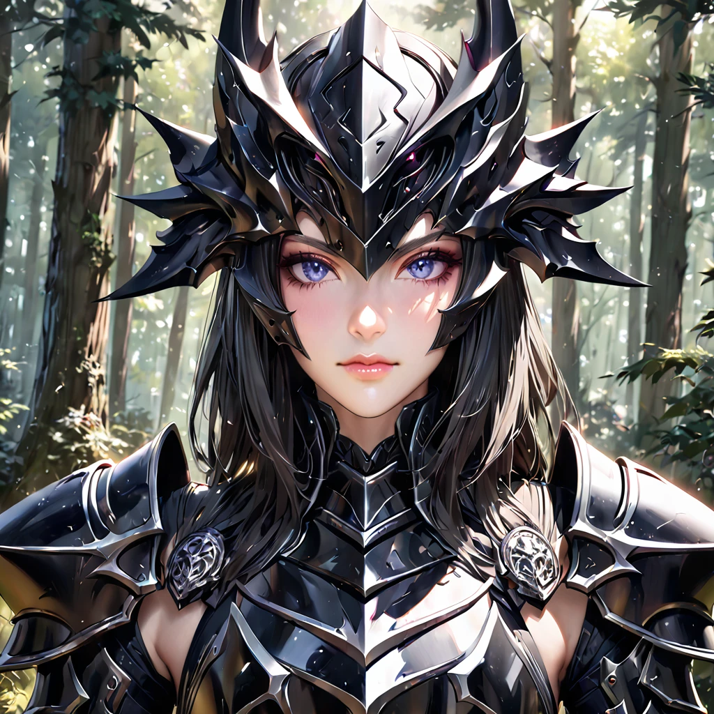 a sserafimsakura, Perfect Eyes, (Ultra-realistic:1.5), (Standing in the forest:1.2), (Close-up photo:1.5), (Black Paladin Armor:1.2), (Complex:1.2), (looking at the camera:1.2), (Highest quality:1.2),