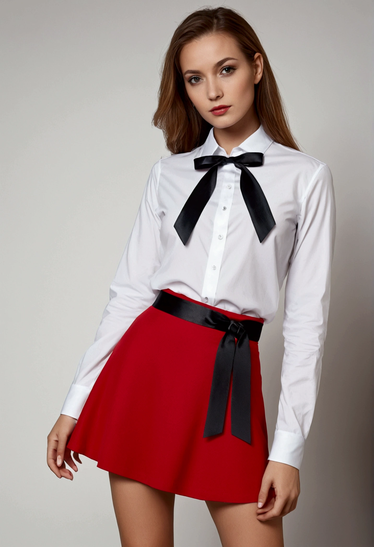 masterpiece, High resolution, high quality, Very detailed, Red mini skirt, Black Ribbon, White shirt,