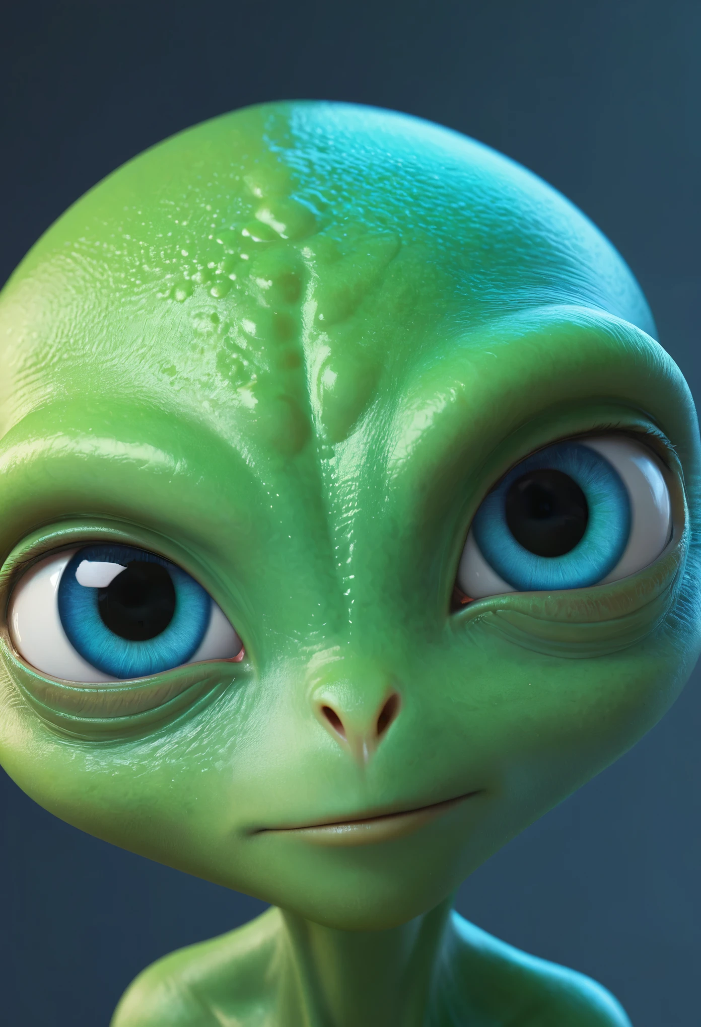 big eyes, green alien male, good mood, close-up, trending on artstation, sharp focus, studio photo, realistic style, big blue eyes, alien nose