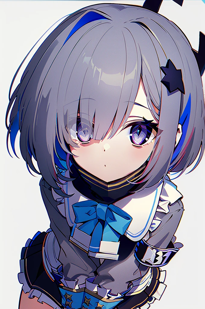 (muste piece), (best quality), (score_9, score_8_up, score_7_up), very detailed eyes, expressive eyes, perfect face, very detailed face, highly detailed face, beautiful girl, 8K, beautiful girl, white background, delicate and beautiful face and eyes, dark intense shadow,
 1 girl, vtuber style, cool girl, hololive, 1girl, amane kanata, star halo, solo, multicolored hair, purple eyes, armband, short hair, blue hair, grey hair, long sleeves, grey jacket, bob cut, white wings, black skirt, hair over one eye, frilled skirt, turtleneck dress, miniskirt, flat chest, 