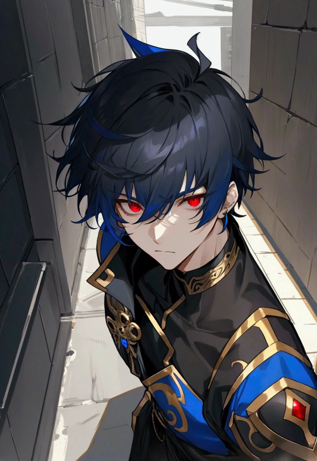 Male, short hair, blue and black hair, gray tips, red eyes, pierced ears, black eye rims, outfit similar to Oberon from FGO, revived behind a building in a dark alley in the middle.