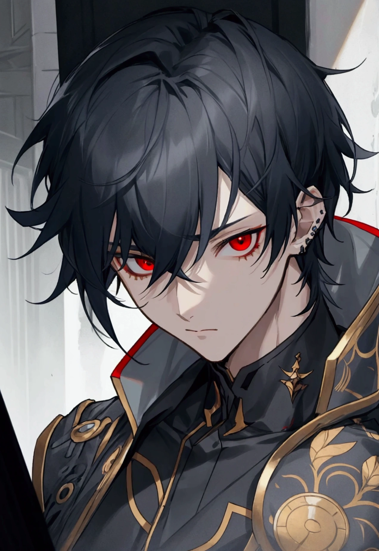 Male, short hair, blue and black hair, gray tips, red eyes, pierced ears, black eye rims, outfit similar to Oberon from FGO, revived behind a building in a dark alley in the middle.