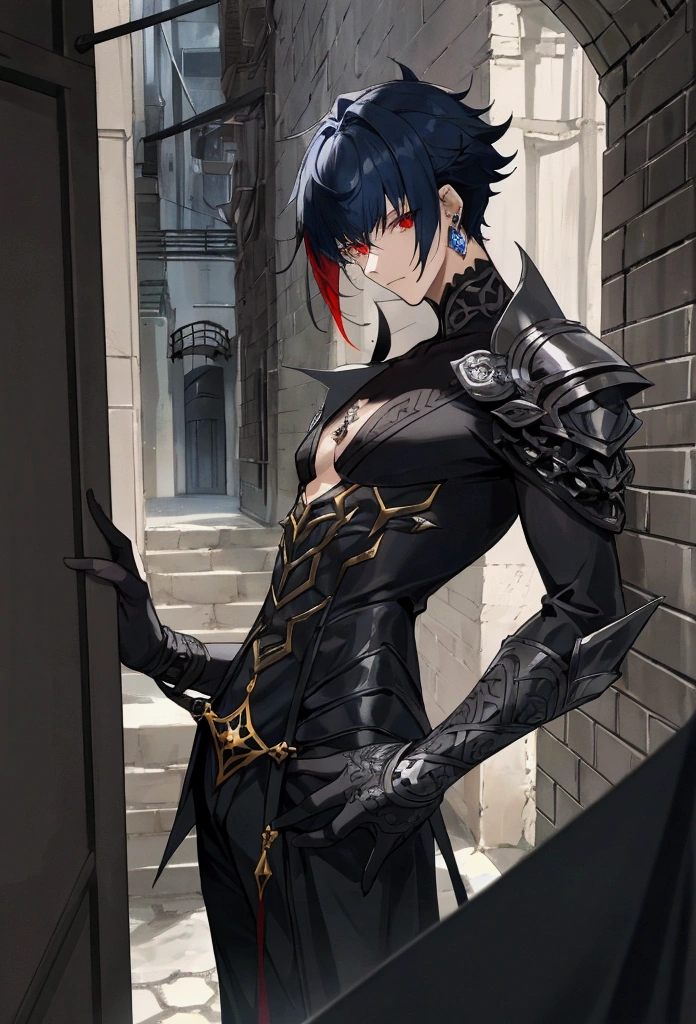 Male, short hair, blue and black hair, gray tips, red eyes, pierced ears, black eye rims, outfit similar to Oberon from FGO, revived behind a building in a dark alley in the middle.