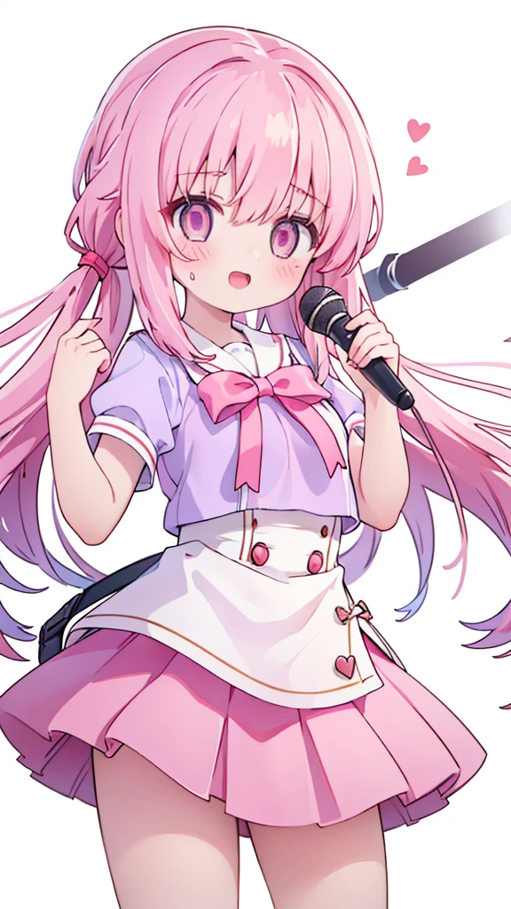 1girl,pink hair, pink eyes with love, detailed eyes, straight hair, straight bangs, shiny hair,
,red bowtie,purple skirt,purple shirt,pleated skirt,short sleeves,idol、sing, while holding a microphone, singing, mouth open, laughter,、smile、Sweat、cute、stage、In the spotlight、psyllium、Clear images、high resolution,looking at viewer, high-definition,masterpiece,best quality, masterpiece, best quality, high resolution, aabeta, double, white simple background, standing, slim waist, cute, sailor uniform, close up, (PastelColors: 1.3)
