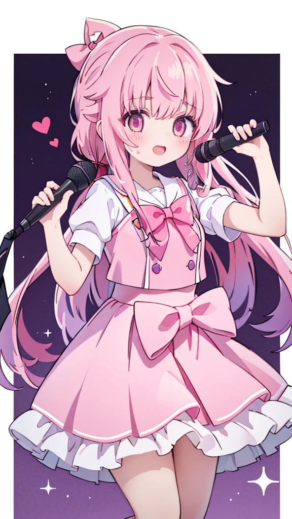 1girl,pink hair, pink eyes with love, detailed eyes, straight hair, straight bangs, shiny hair,
,red bowtie,purple skirt,purple shirt,pleated skirt,short sleeves,idol、sing, while holding a microphone, singing, mouth open, laughter,、smile、Sweat、cute、stage、In the spotlight、psyllium、Clear images、high resolution,looking at viewer, high-definition,masterpiece,best quality, masterpiece, best quality, high resolution, aabeta, double, white simple background, standing, slim waist, cute, sailor uniform, close up, (PastelColors: 1.3)