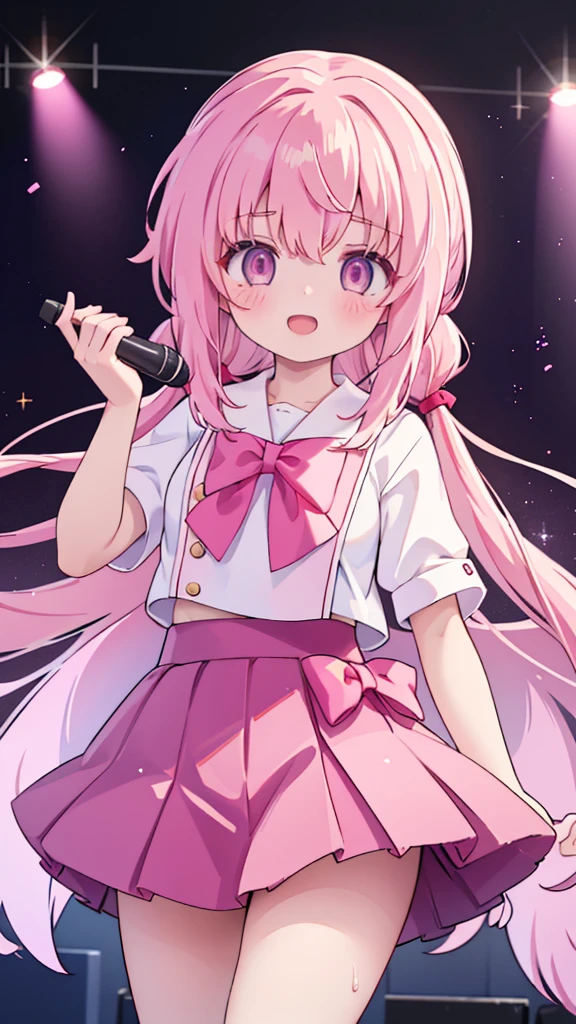 1girl,pink hair, pink eyes with love, detailed eyes, straight hair, straight bangs, shiny hair,
,red bowtie,purple skirt,purple shirt,pleated skirt,short sleeves,idol、sing, while holding a microphone, singing, mouth open, laughter,、smile、Sweat、cute、stage、In the spotlight、psyllium、Clear images、high resolution,looking at viewer, high-definition,masterpiece,best quality, masterpiece, best quality, high resolution, aabeta, double, white simple background, standing, slim waist, cute, sailor uniform, close up, (PastelColors: 1.3)