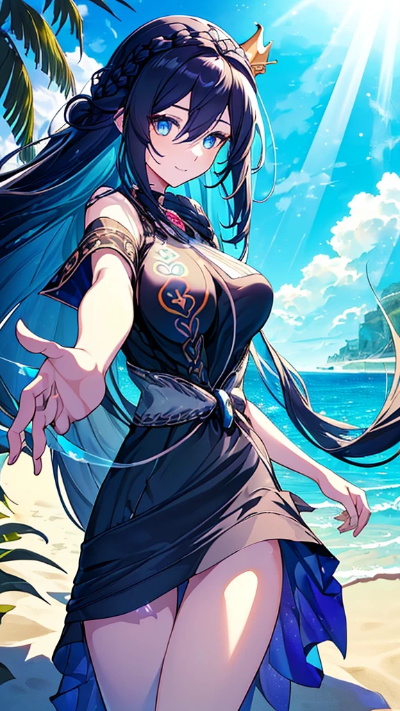 best quality, extremely detailed,anime style girl,long hair down to the waist, straight hair, ((dark black hair with bluish)),((crown braid)),beautiful detailed eyes, pinched eyes, (dark blue eyes),huge breasts,curvy,((((Mystical atmosphere  transparency dressswimwear)))),clothing with complex patterns,smile,((((casual beach)))),Sunlight,Diagonal angle,dynamic angle,active pose