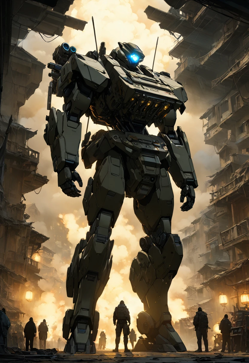 a humanoid military robot 2 meters tall with a helmet-shaped head and goggle mono-eye, detailed highly bullet-resistant reactive urban camouflage faded armor, backpack holding weapons and ammunition, (Gatling gun on one arm with bullet supply belt and empty cartridges1.2), ruined town background with fog, gunpowder and dust, tension, (best quality,4k,8k,highres,masterpiece:1.2),ultra-detailed,concept art,ultra-fine painting,movie-like lighting、SDXL