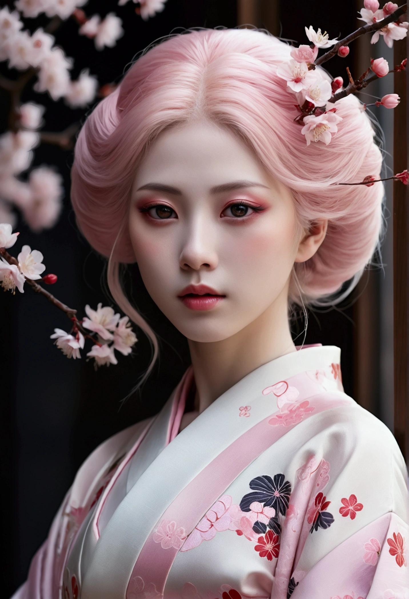 Surreal, Very detailed, High-resolution 16K images, A beautiful female ghost or guardian spirit. She has pale pink hair and clear skin., She is wearing a traditional Japanese kimono with a small cherry blossom pattern on the obi.。. This image captures the ethereal beauty and mystery of the spirit world.。. This style is delicate, The gentle aesthetics of traditional Japanese art.